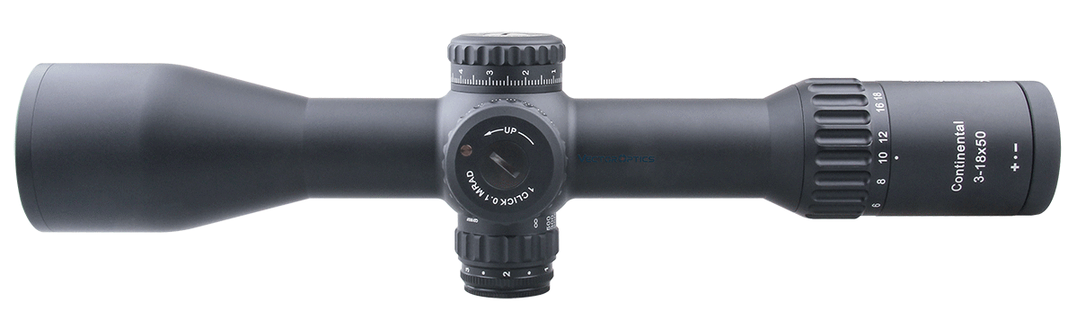 Vector Optics Continental 3-18x50 HD FFP Hunting Riflescope showcasing its sleek design and advanced features.